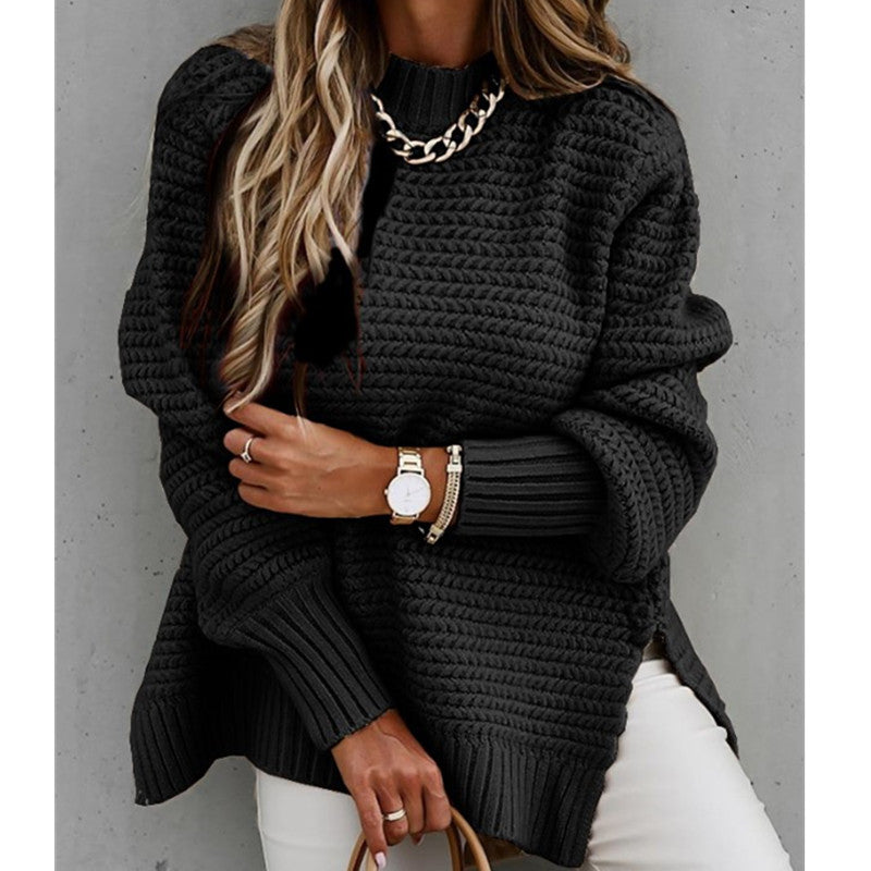 Damen Grobstrickpullover mit modernem Strukturdesign und hohen Kragen R&B