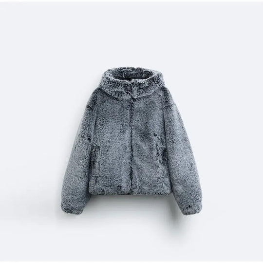 Damen Flauschige Teddyjacke mit hohem Kragen und praktischen Taschen R&B