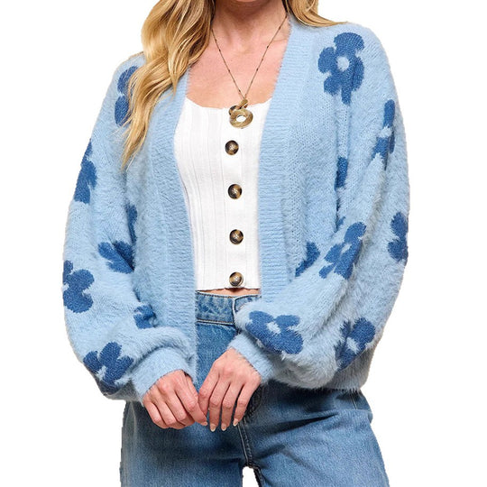 Damen Flauschiger Cardigan mit Blumenmuster R&B