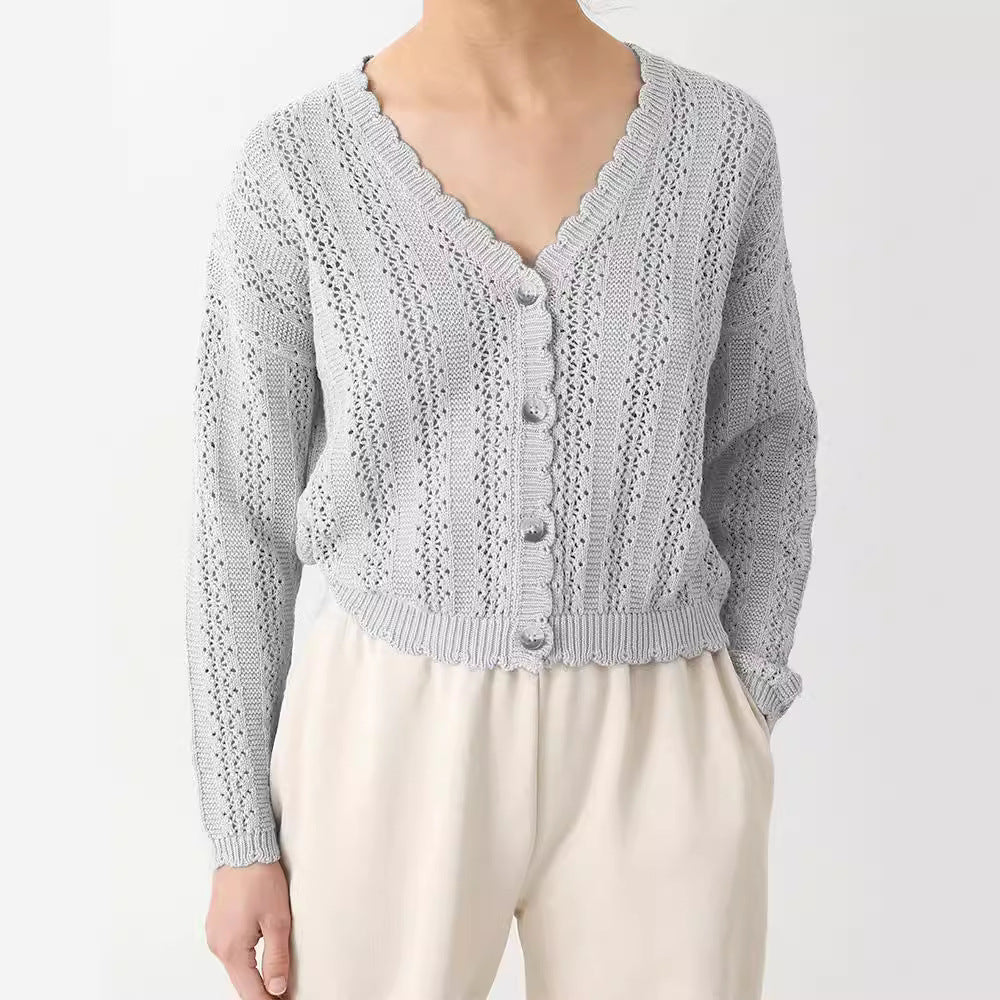 Damen Strickjacke mit filigranem Lochmuster und Wellenabschlüssen R&B
