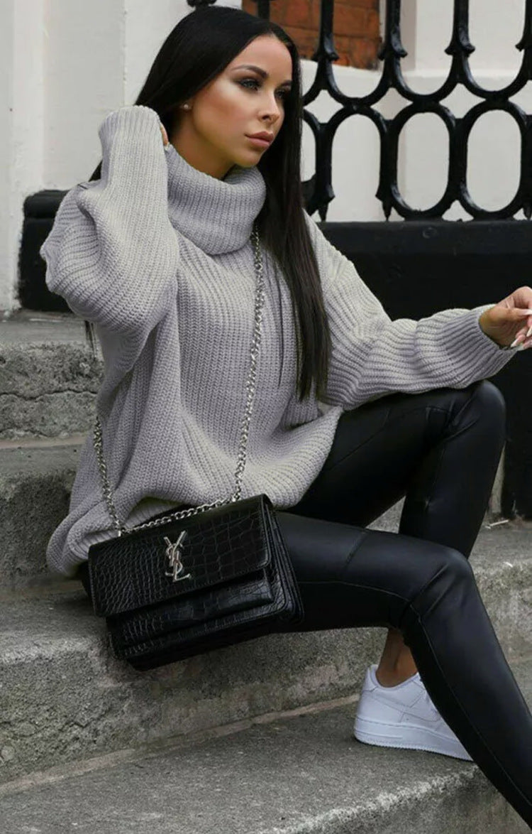 Damen Grobstrickpullover mit hohem Kragen und lässigem Schnitt R&B