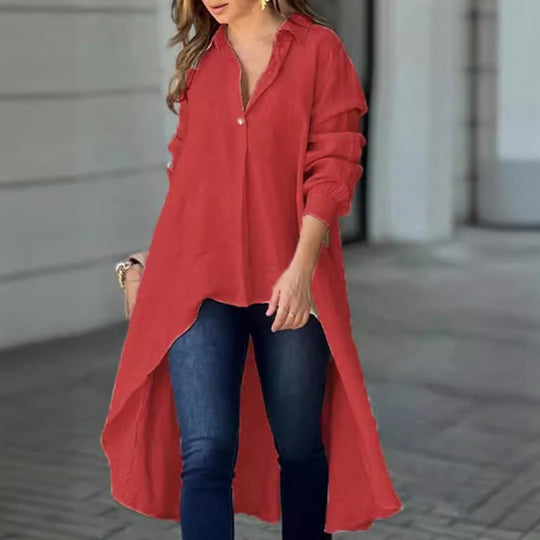 Damen Lässige Langarmbluse mit asymmetrischem Schnitt und Knopfdetails R&B
