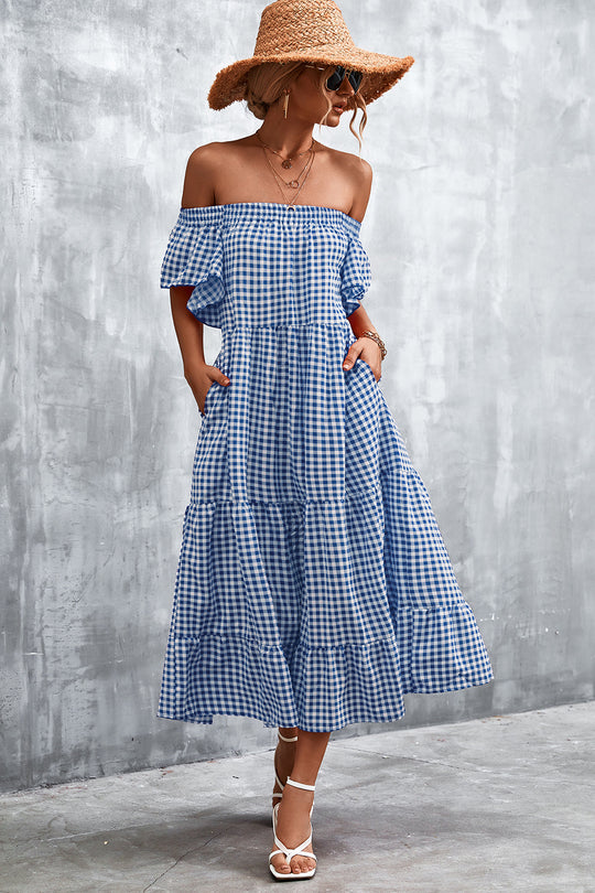 Damen Fließendes Maxikleid mit off-shoulder Design und Rüschensaum R&B