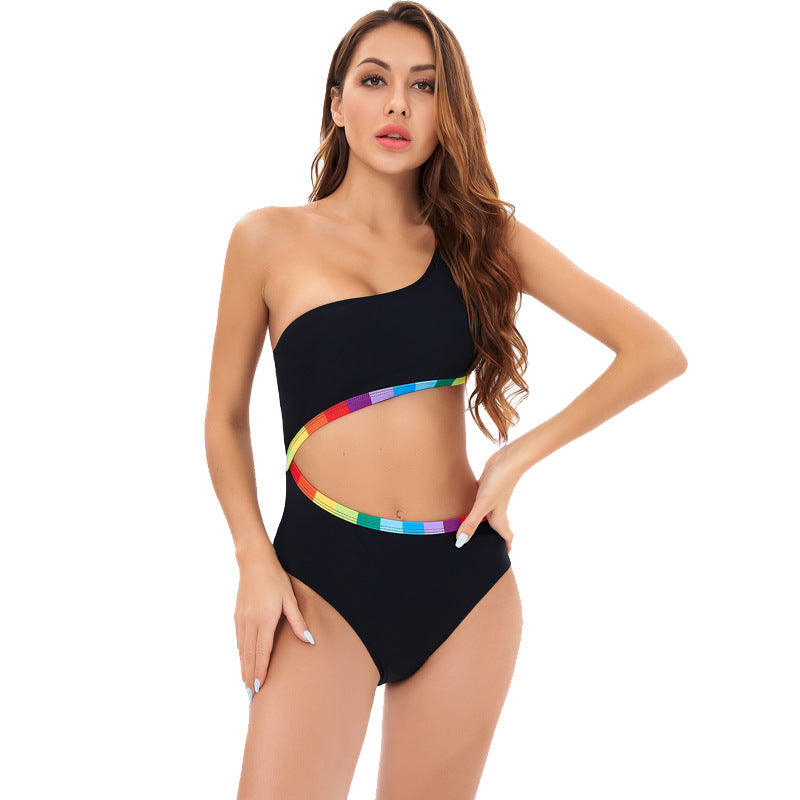 Damen Einseitiger Triangel-Bikini mit buntem Akzentband R&B