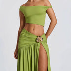 Damen Off-Shoulder Maxirock mit figurbetontem Crop-Top und verspieltem Detail R&B