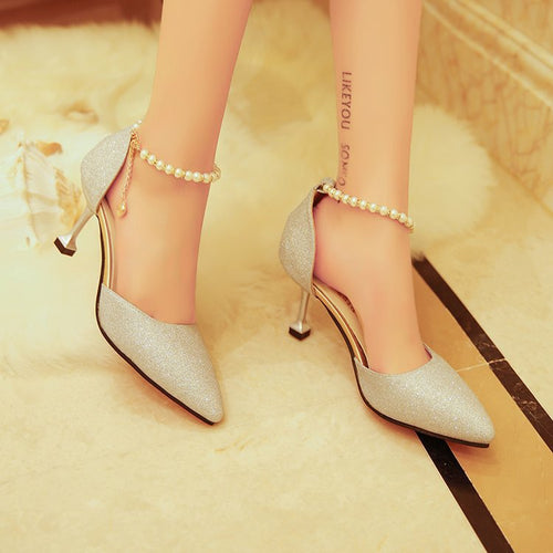 Damen elegante High Heel Schuhe mit zierlichem Perlenriemen R&B