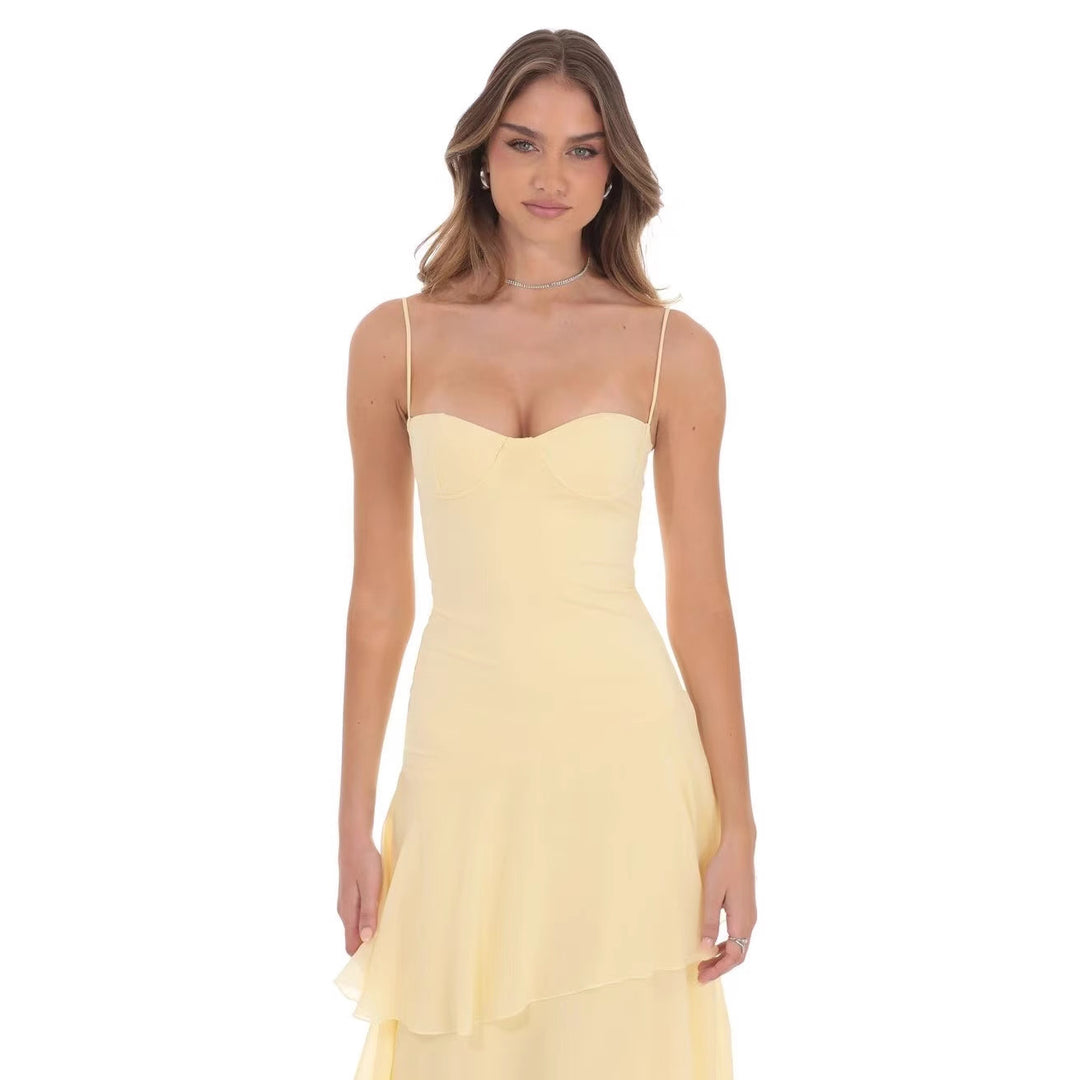 Damen nan romantisches Stufen-Maxikleid mit Herzausschnitt und feinen Spaghettiträgern R&B