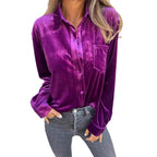 Damen Elegante Samtbluse mit klassischem Hemdkragen und langen Ärmeln R&B
