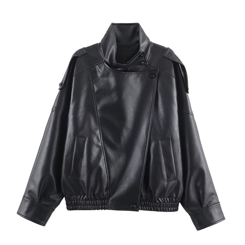 Damen Kunstlederjacke im modernen Design mit hochgeschlossenem Kragen und praktischen Taschen R&B