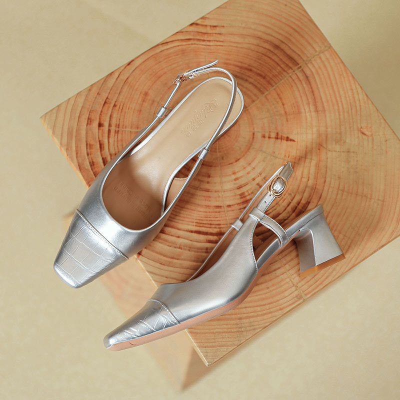 Damen Slingback-Pumps mit metallischem Obermaterial und edlem Blockabsatz