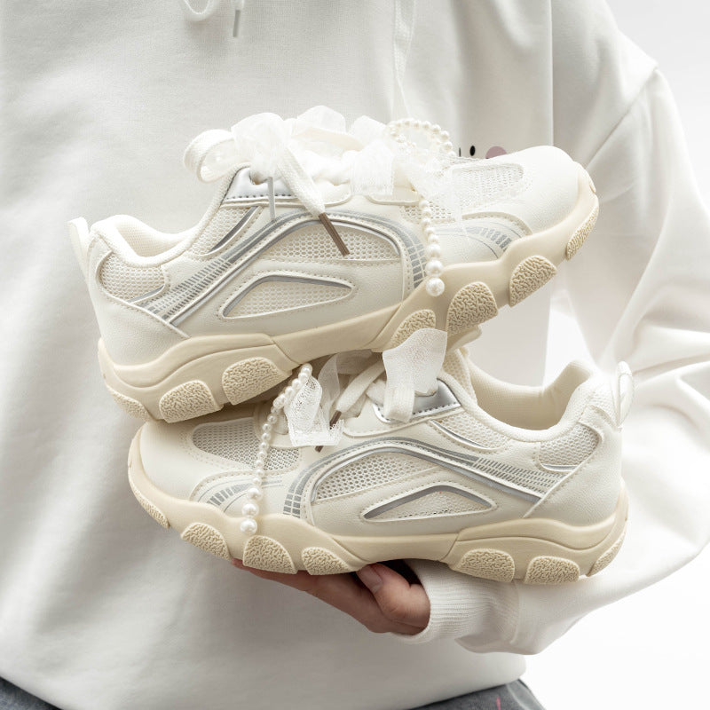 Damen Sportliche Sneakers mit dekorativen Perlenschnürsenkeln und atmungsaktiver Mesh-Oberfläche R&B