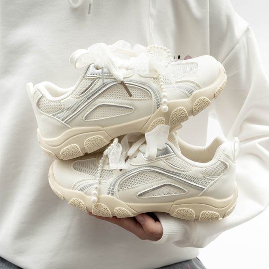 Damen Sportliche Sneakers mit dekorativen Perlenschnürsenkeln und atmungsaktiver Mesh-Oberfläche R&B