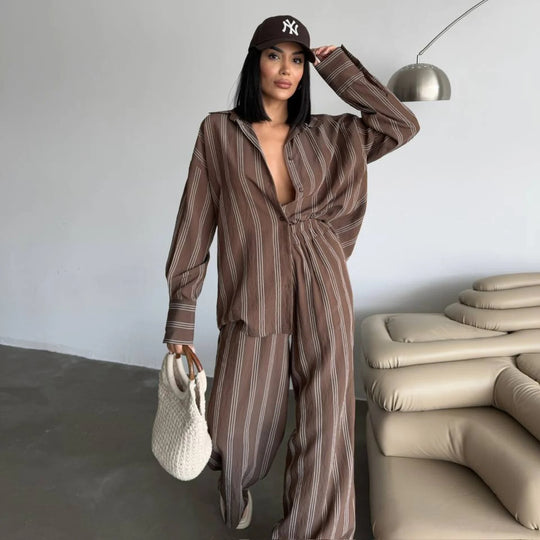 Damen gestreiftes Lounge-Set mit weiten Hosen und lockerer Bluse R&B