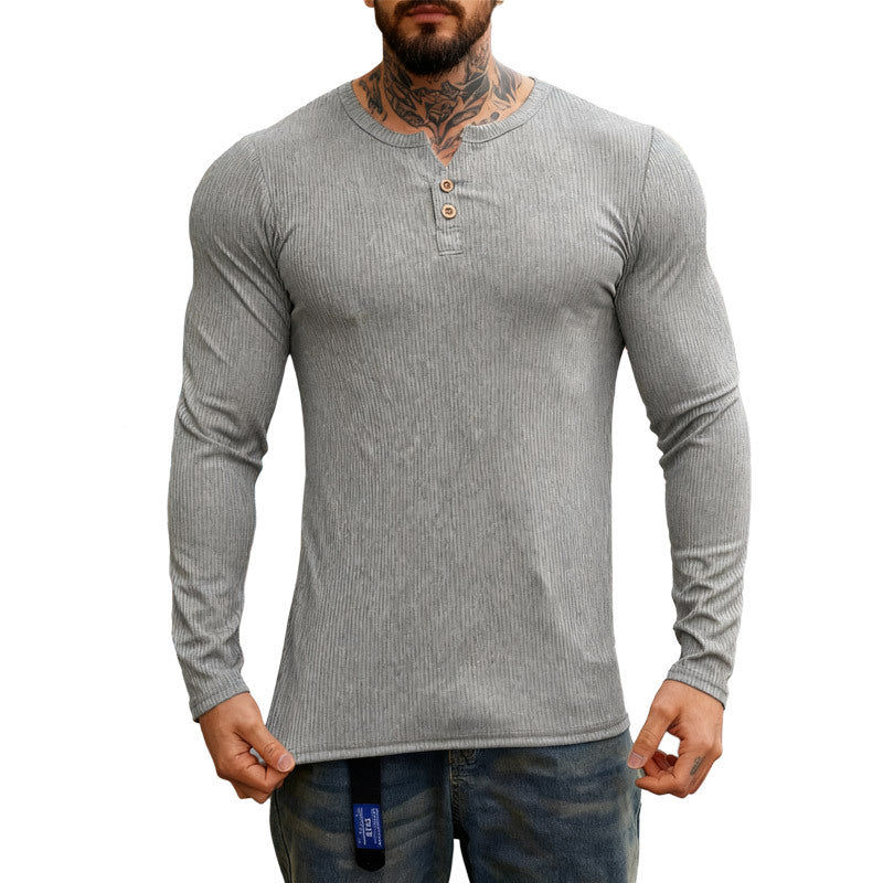 Herren nan geripptes Langarm-Henleyshirt mit flacher Knopfleiste und körperbetonter Stretch-Passform R&B