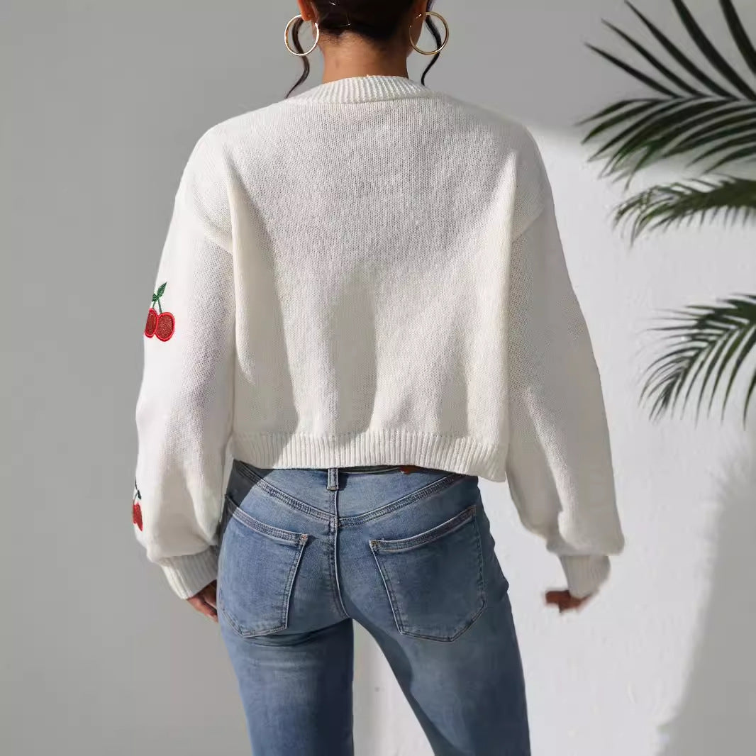Damen Kurze Strickjacke mit fruchtiger Stickerei R&B