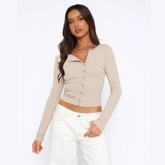 Damen figurbetontes Langarmshirt mit Knopfleiste R&B