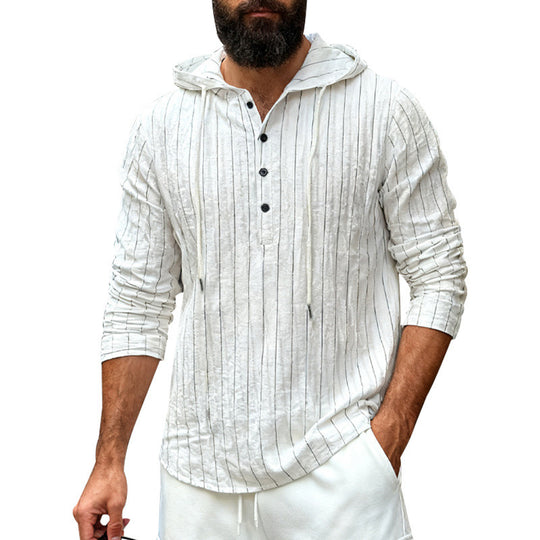 Herren nan Kapuzenshirt aus Leinenmix mit halber Knopfleiste und Nadelstreifen R&B