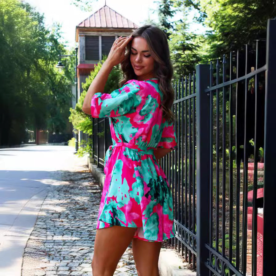 Damen lässiges Strandkleid mit Taillengürtel und floralem Muster R&B