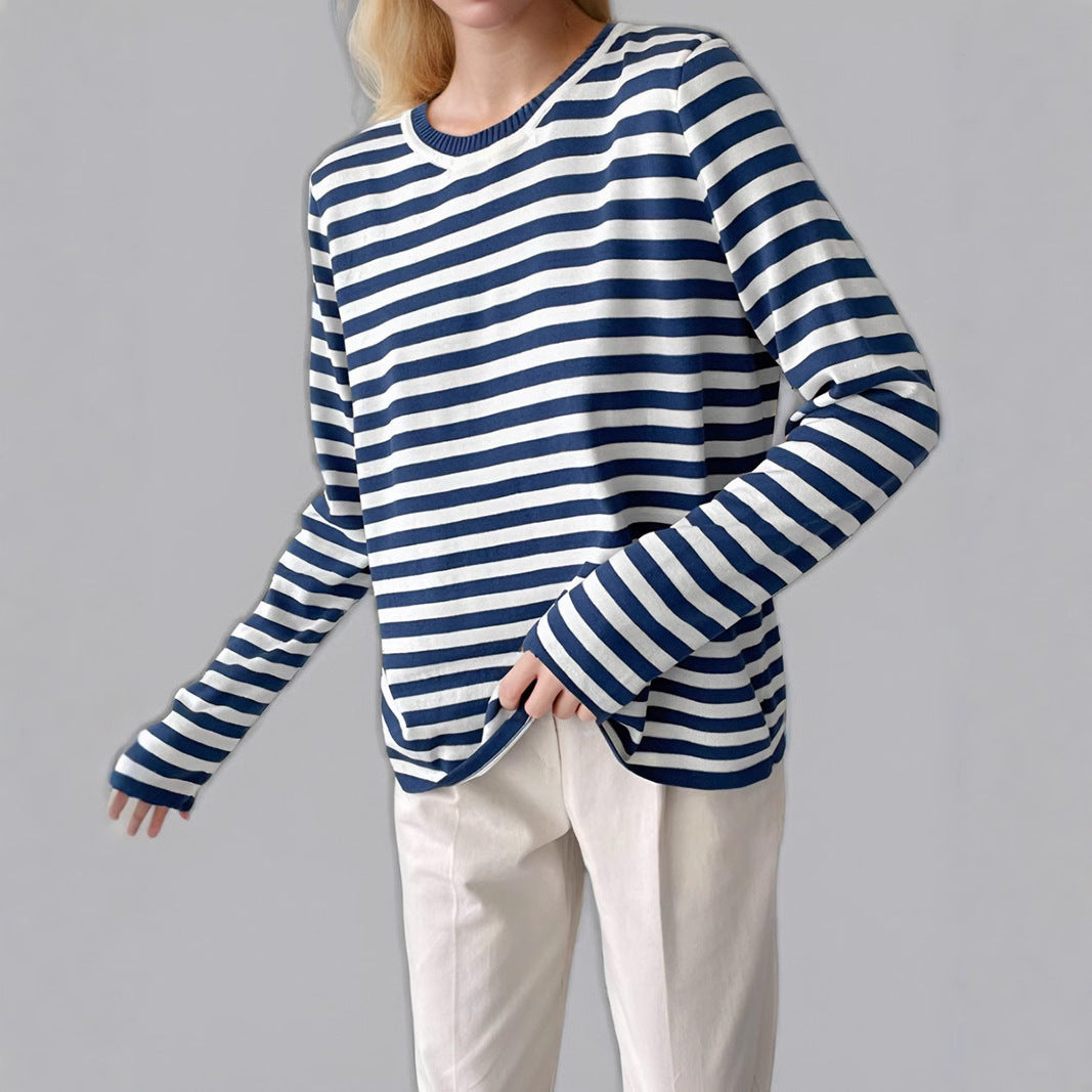 Damen gestreifter Langarmpullover mit Rundhalsausschnitt und lässigem Schnitt R&B