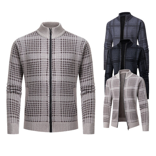 Herren modische Strickjacke mit hohem Kragen und stilvollem Karomuster R&B