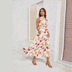 Damen Maxikleid mit hochgeschlossenem Design und floralem Gürtel R&B
