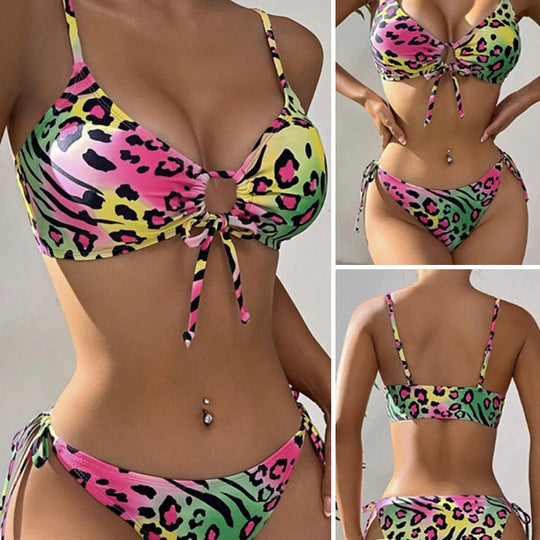 Damen Triangel-Bikini mit flippigem Tiermuster und verstellbaren Trägern R&B