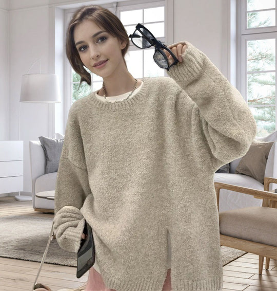 Damen lässiger Oversized-Pullover mit seitlichem Schlitzdesign R&B