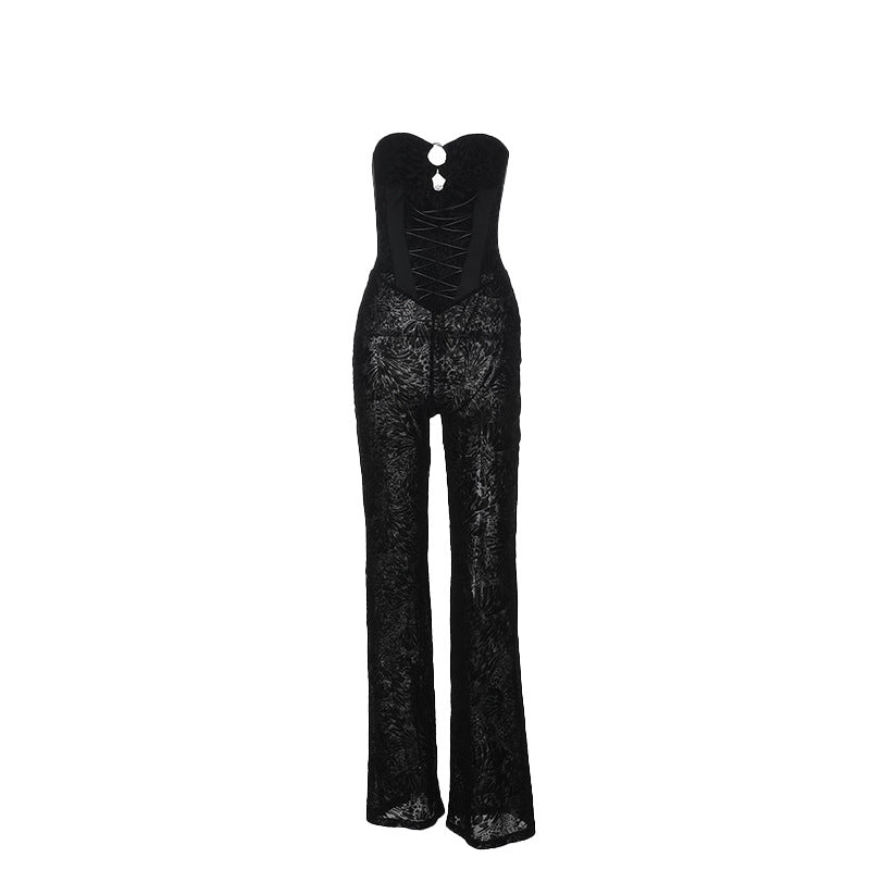 Damen eleganter Jumpsuit mit strukturierter Spitze und verführerischem Ausschnitt R&B