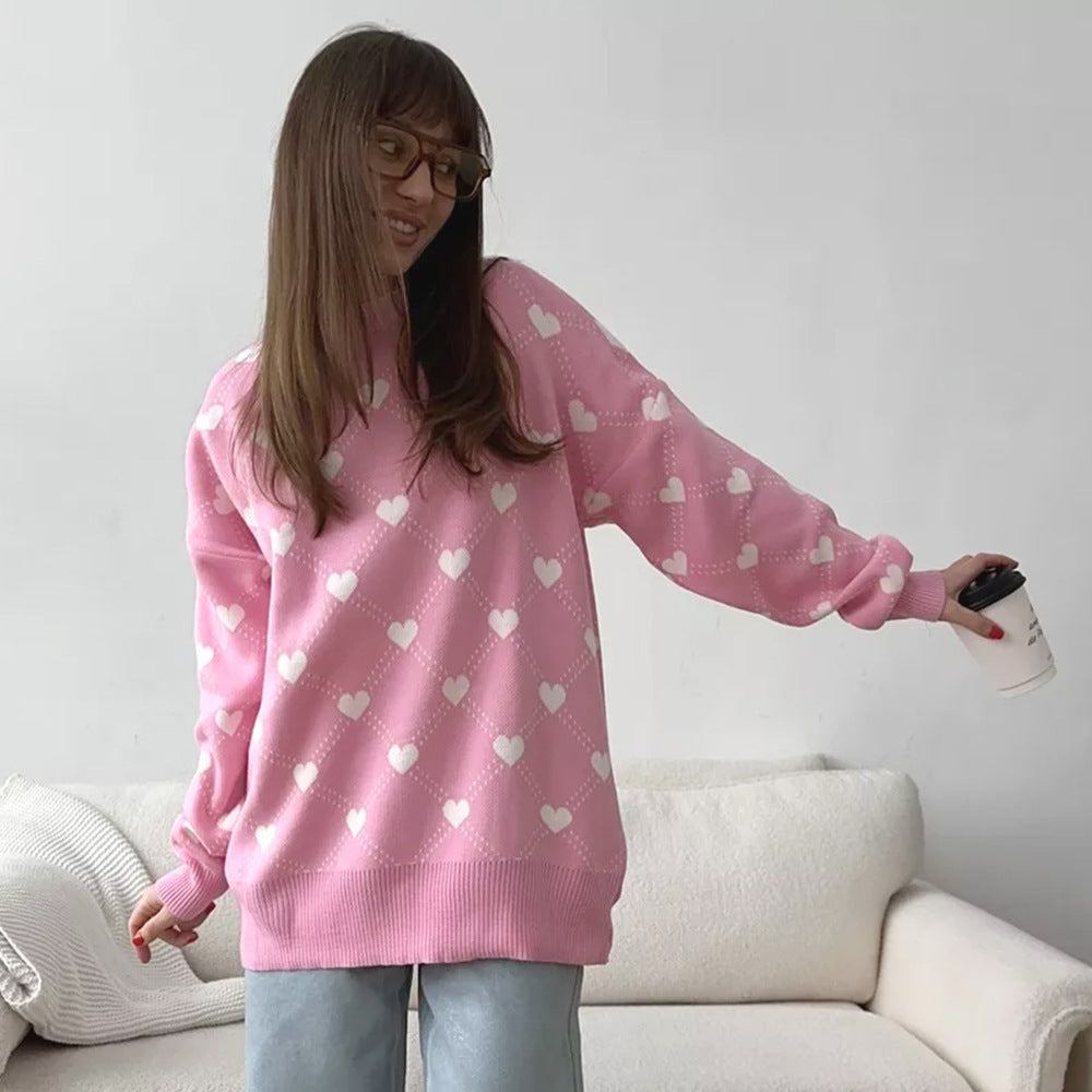 Damen Gemusterter Strickpullover mit Herzmotiv und lässigem Schnitt R&B