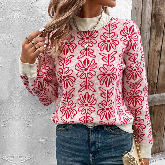 Damen Strickpullover mit floralen Mustern und elegantem Stehkragen R&B