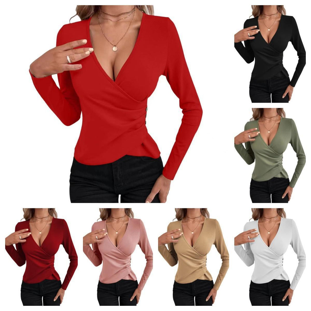 Damen Wickelshirt mit Knopfdetails und tiefem V-Ausschnitt R&B