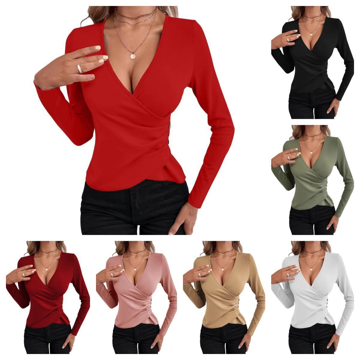 Damen Wickelshirt mit Knopfdetails und tiefem V-Ausschnitt
