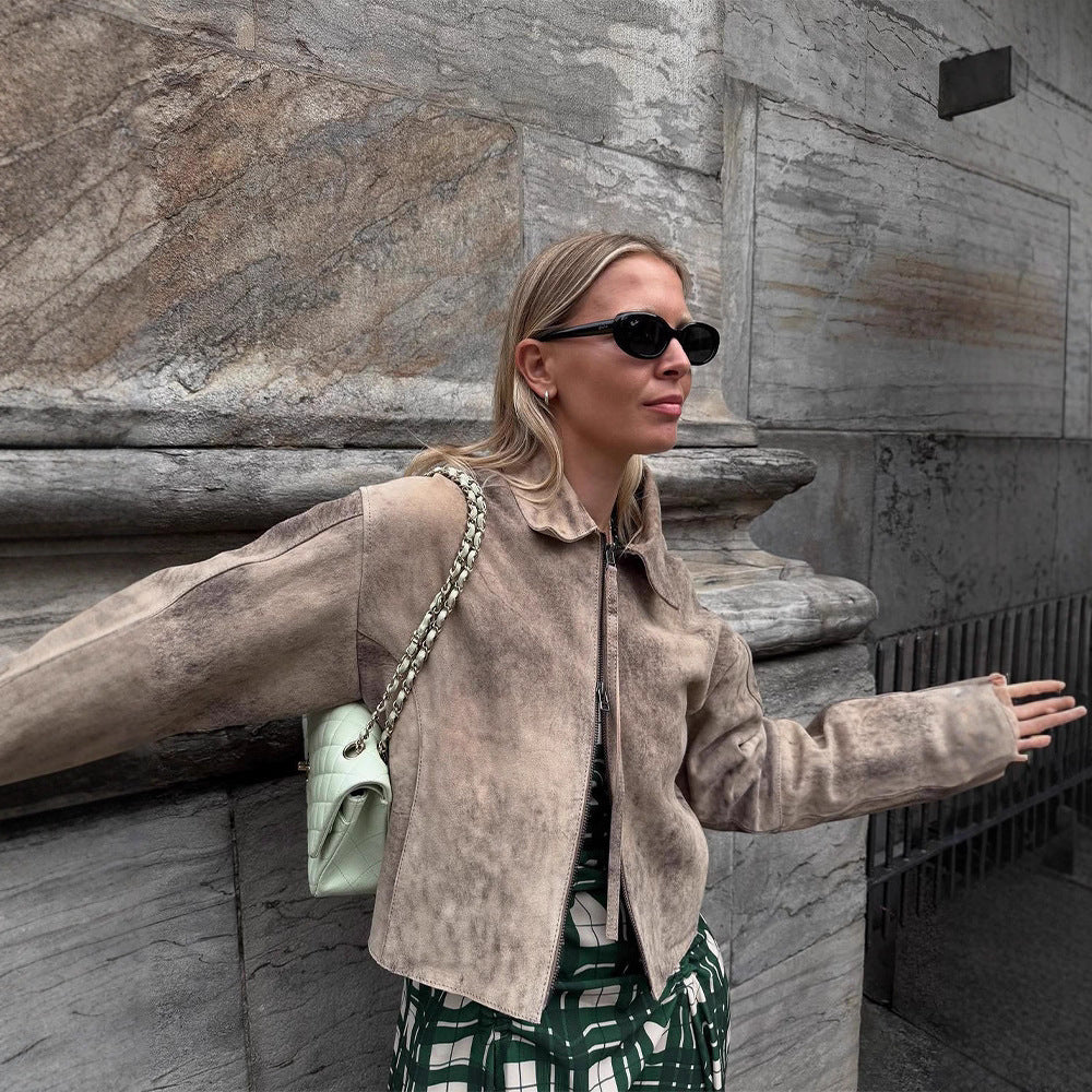 Damen modische Wildlederjacke mit voluminösen Ärmel R&B