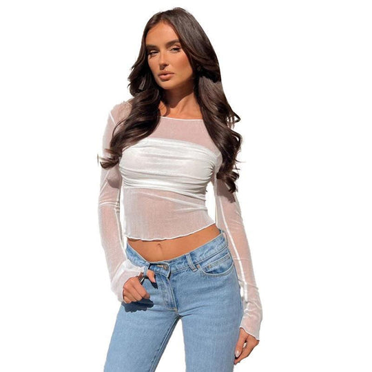 Damen Transparente Longsleeve Bluse mit weitem Ärmel R&B