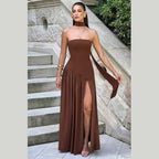 Damen Elegantes Maxikleid mit schulterfreier Silhouette und raffiniertem Schlitz R&B