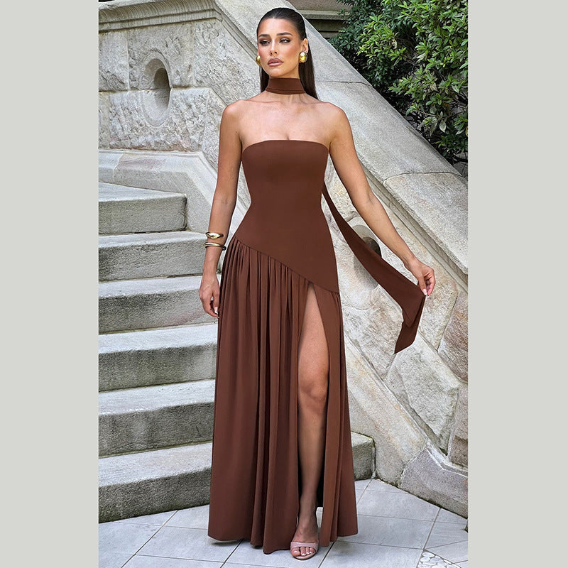 Damen Elegantes Maxikleid mit schulterfreier Silhouette und raffiniertem Schlitz R&B