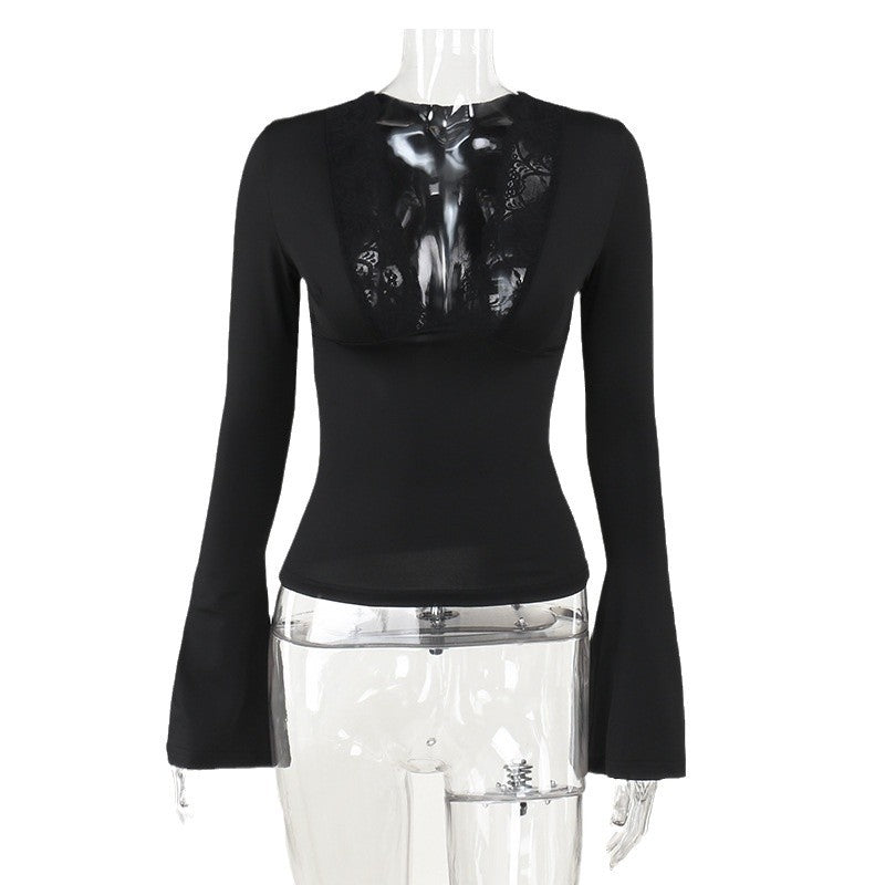 Damen elegant geschnittenes Langarmtop mit Spitzenbesatz R&B