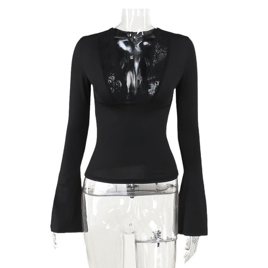 Damen elegant geschnittenes Langarmtop mit Spitzenbesatz R&B