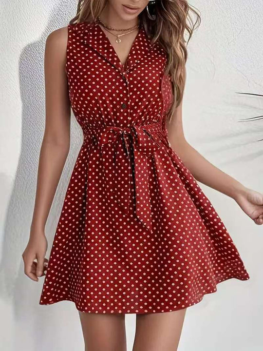 Damen Polka-Dot Blusenkleid mit tailliertem Schnitt und schwingendem Rock R&B