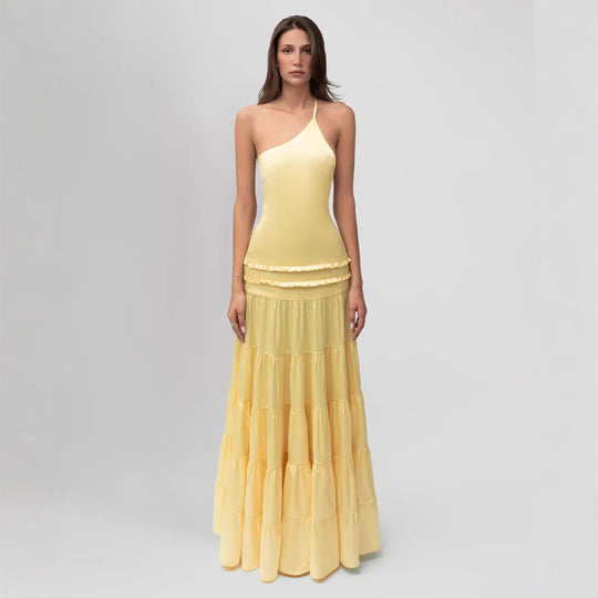 Damen elegantes asymmetrisches Maxikleid mit Rüschendetails R&B