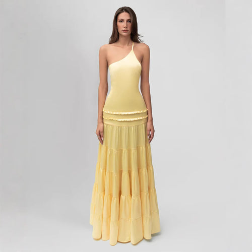 Damen elegantes asymmetrisches Maxikleid mit Rüschendetails R&B