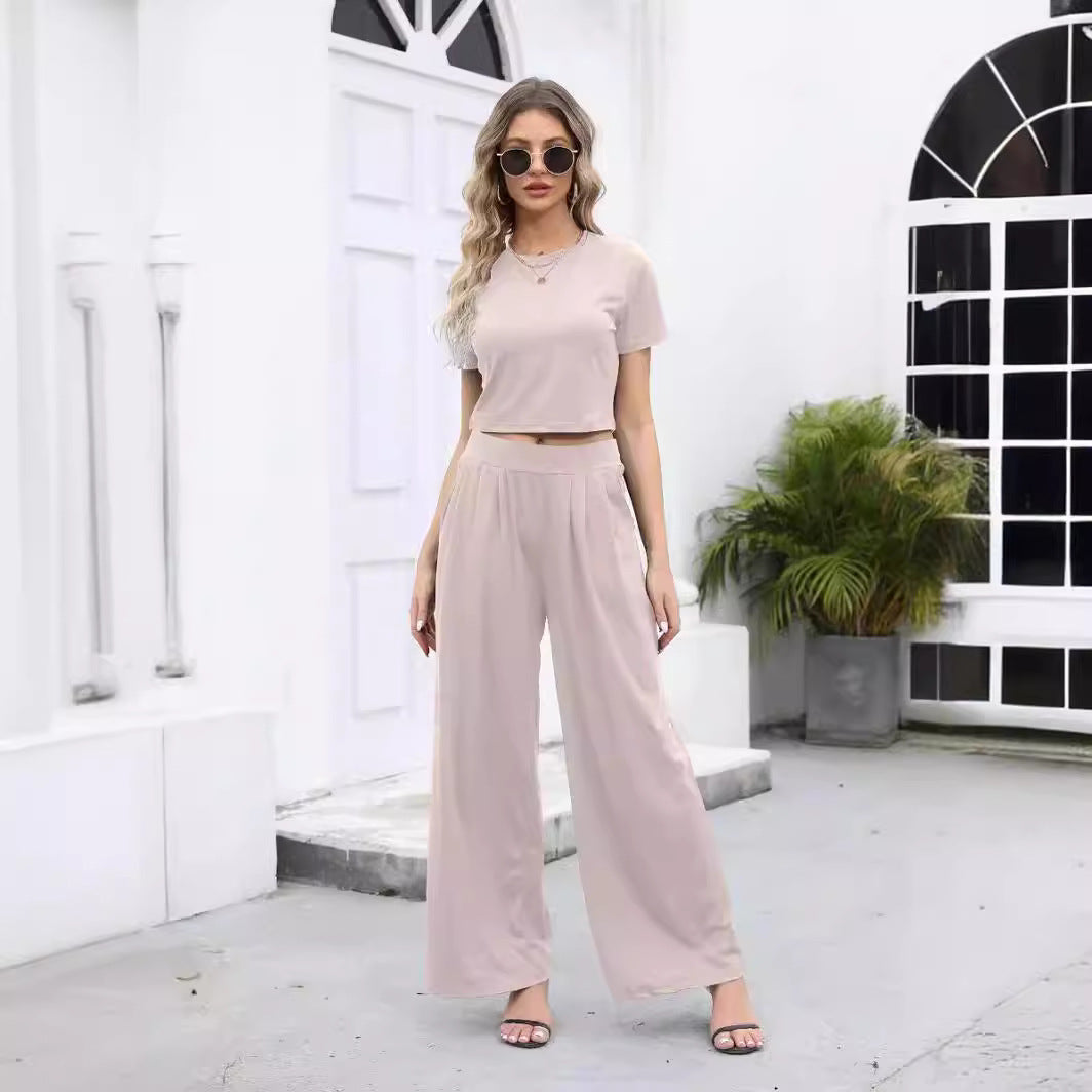 Damen Lässiges Zweiteiler-Set mit kürzem T-Shirt und weiten Pants R&B