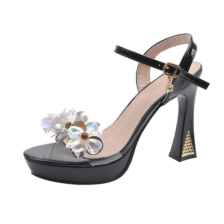 Damen elegante High Heel Sandalen mit blumigen Strassverzierungen R&B