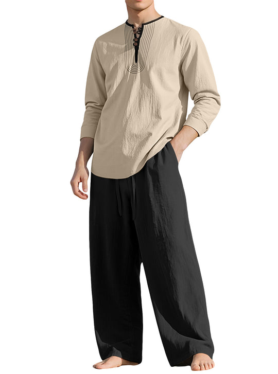 Herren nan Tunika- und Palazzohose-Set mit Henley-Blende, Zierstickerei und weitem Schnitt R&B