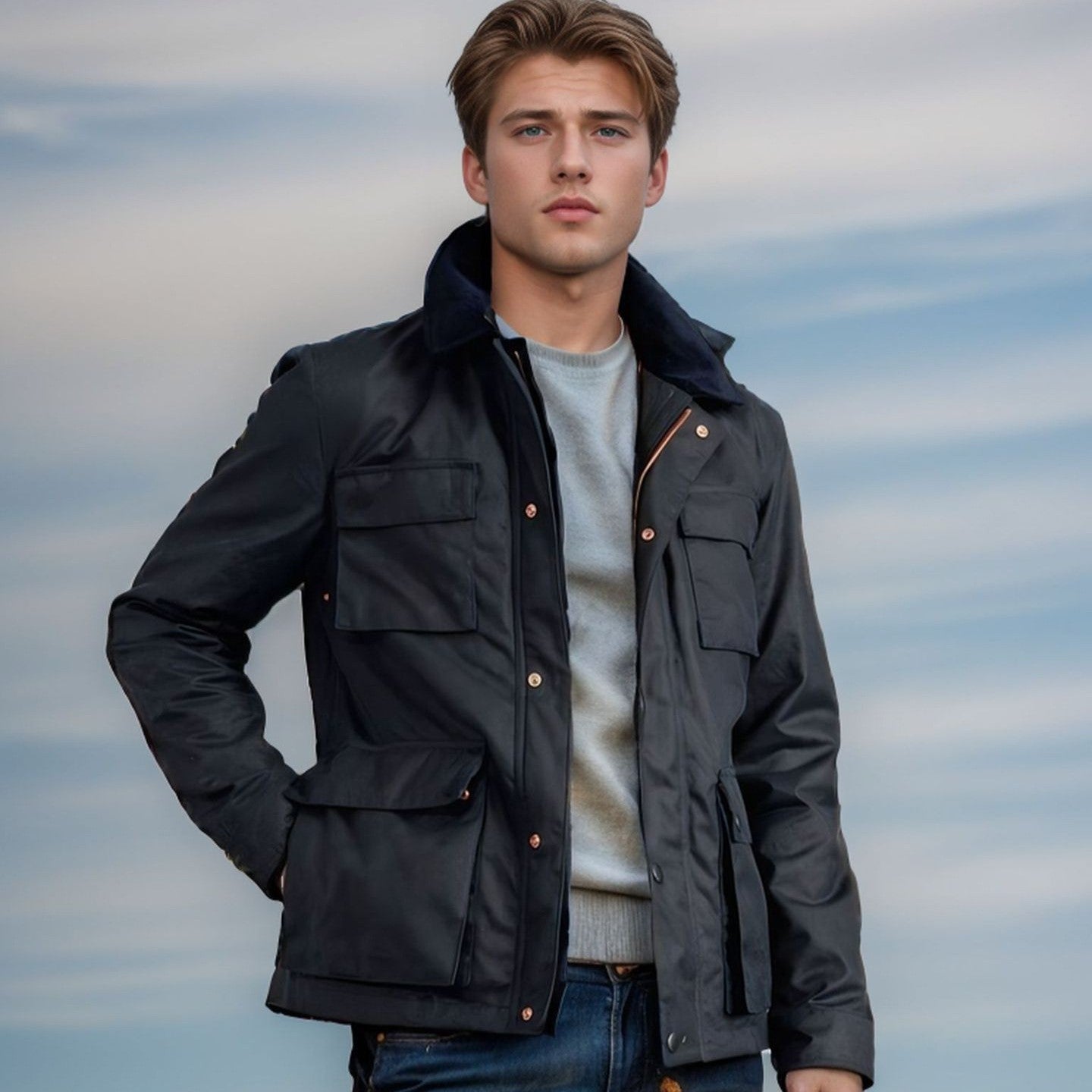 Herren funktionale Sportjacke mit praktischen Taschen und hochschließendem Kragen R&B