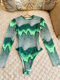 Damen Langarm Bodysuit mit modernem Wellendesign R&B