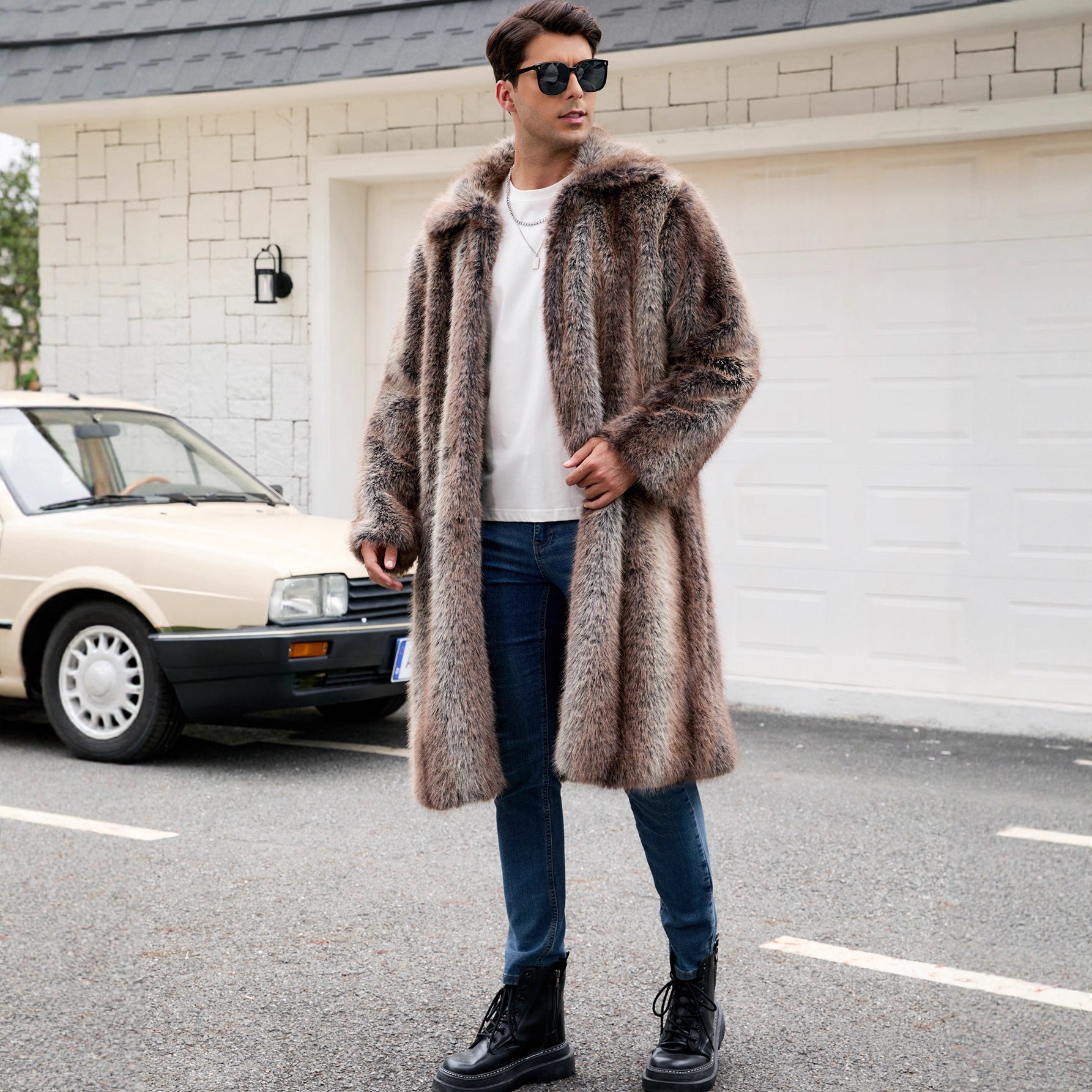 Herren Luxuriöser Kunstpelzmantel mit voluminösem Kragen und harmonischem Design R&B