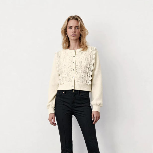 Damen Strickjacke mit filigranen Häkelakzenten und Knopfleiste R&B
