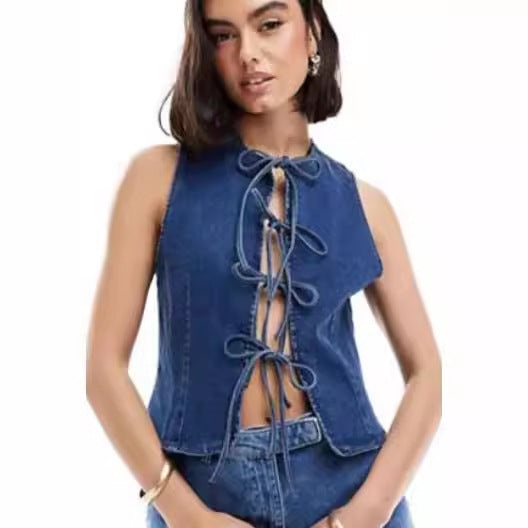 Damen Denim Bustier-Top mit verspieltem Schnürdetail R&B