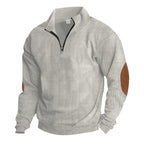 Herren nan gerippter Feinstrick-Pullover mit kurzem Reißverschluss Stehkragen und Lederoptik-Ellbogenpatches R&B